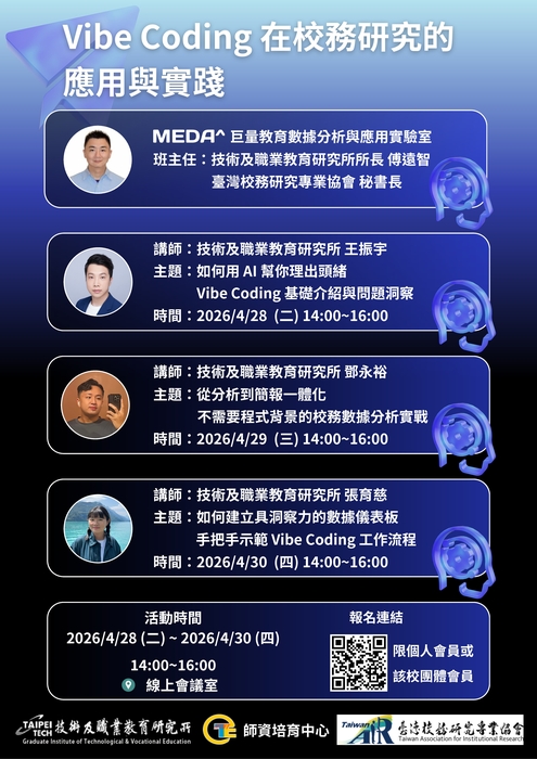 【校外活動】2026年臺灣校務研究專業協會主題講座：Vibe Coding在校務研究的應用與實踐圖片